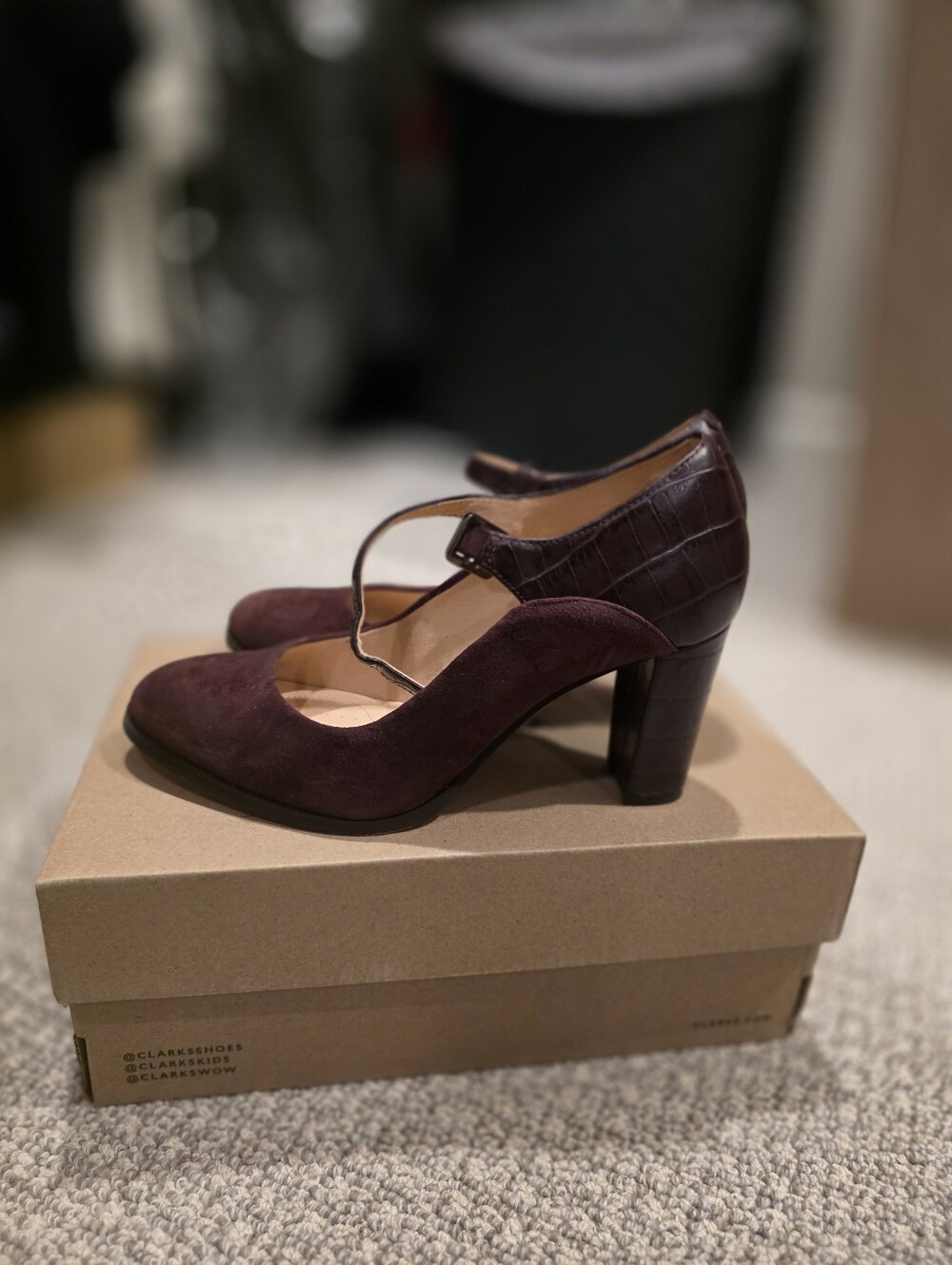 Clarks Burgundy Suede TโStrap Block Heel Pumps